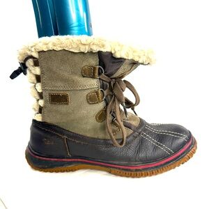 Pajar Women Size 7 Brown Leather Fabric Winter Ankle Boot Lace Up Made Canada